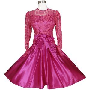 Vintage 80s Hot Pink Floral Lace Satin Bow Long Sleeve Full Circle Skirt Dress S
